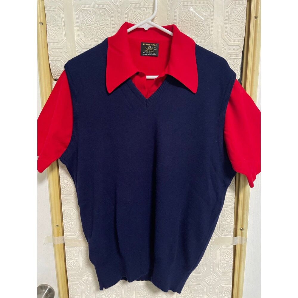 Puritan Men's knit red pullover shirt with blue sweater vest set